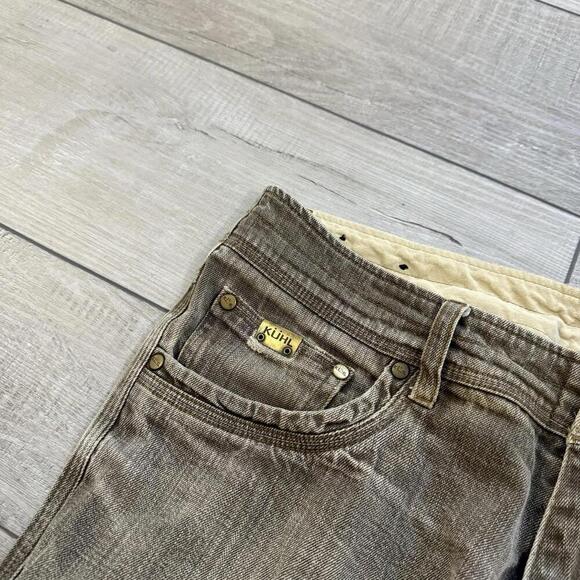 Kuhl Men’s Cargo Utility Pant RIOT Vinatge Patina dye 34x27 Tan Double Knee Work - Picture 4 of 11